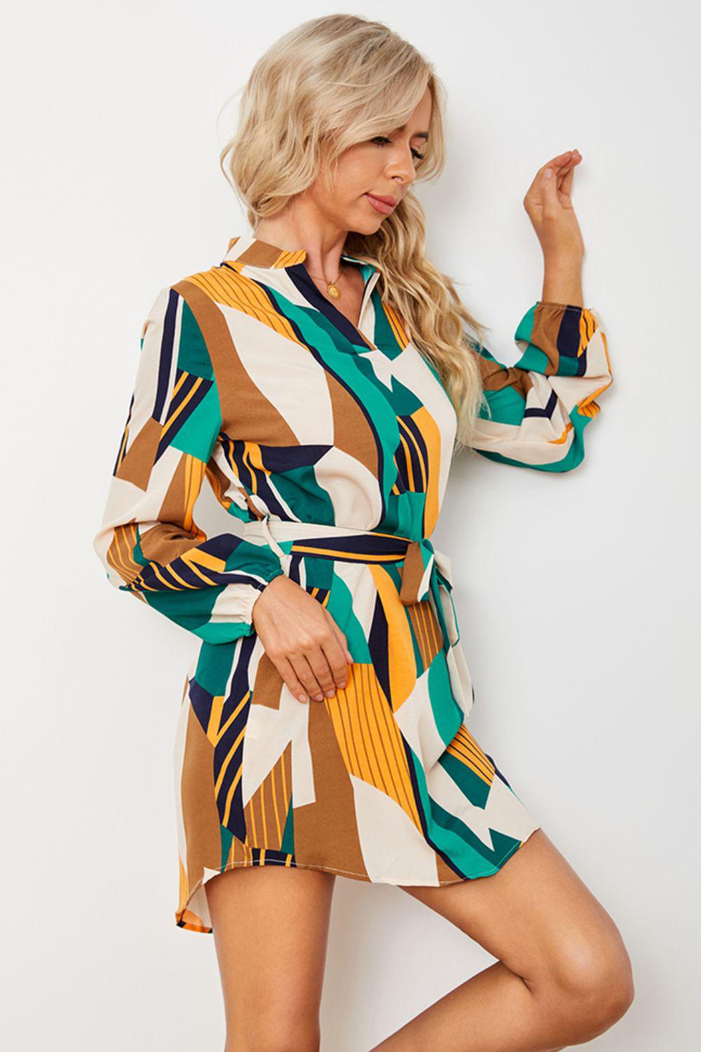 Geometric Print Belted Curved Hem Dress BLUE ZONE PLANET