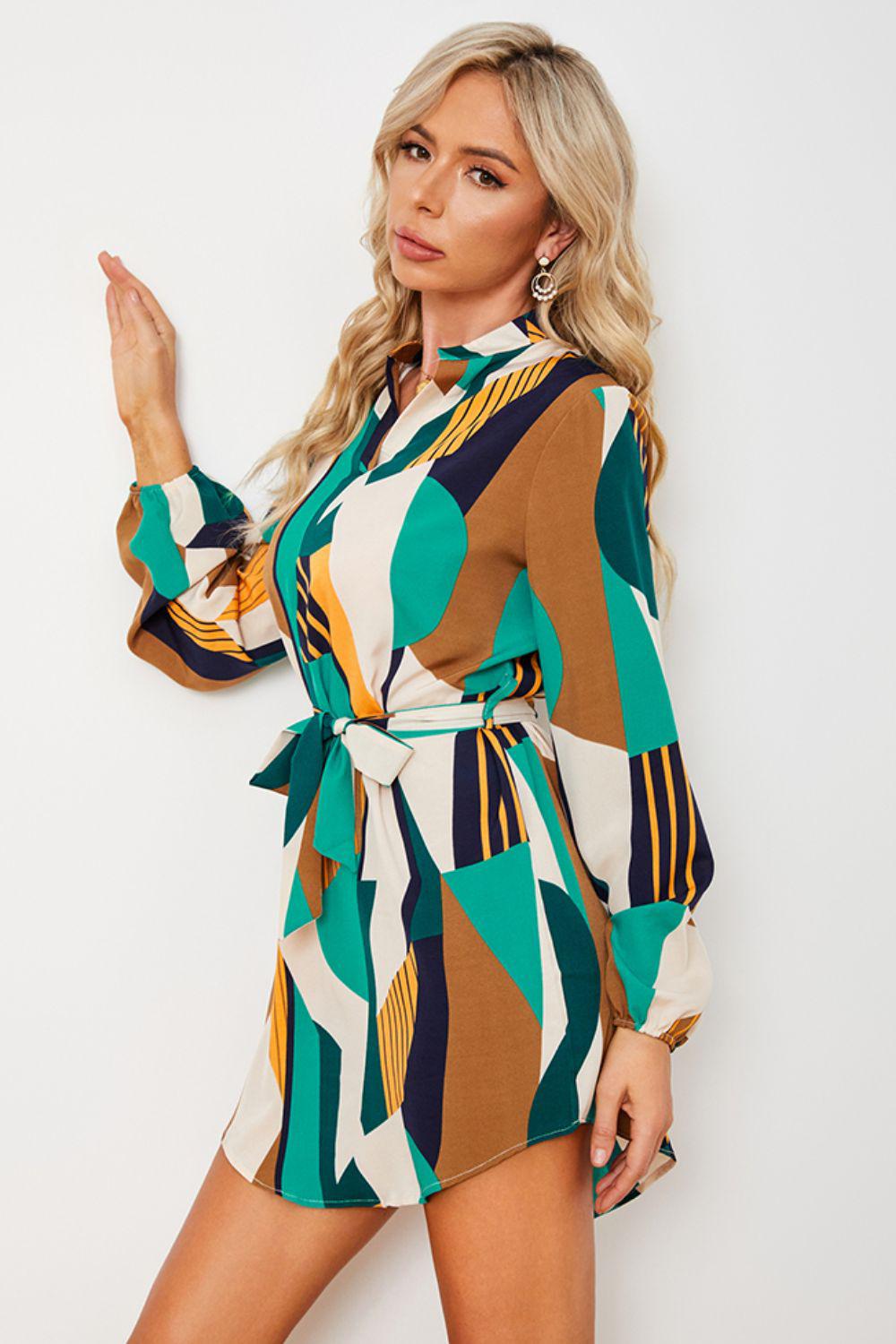 Geometric Print Belted Curved Hem Dress BLUE ZONE PLANET