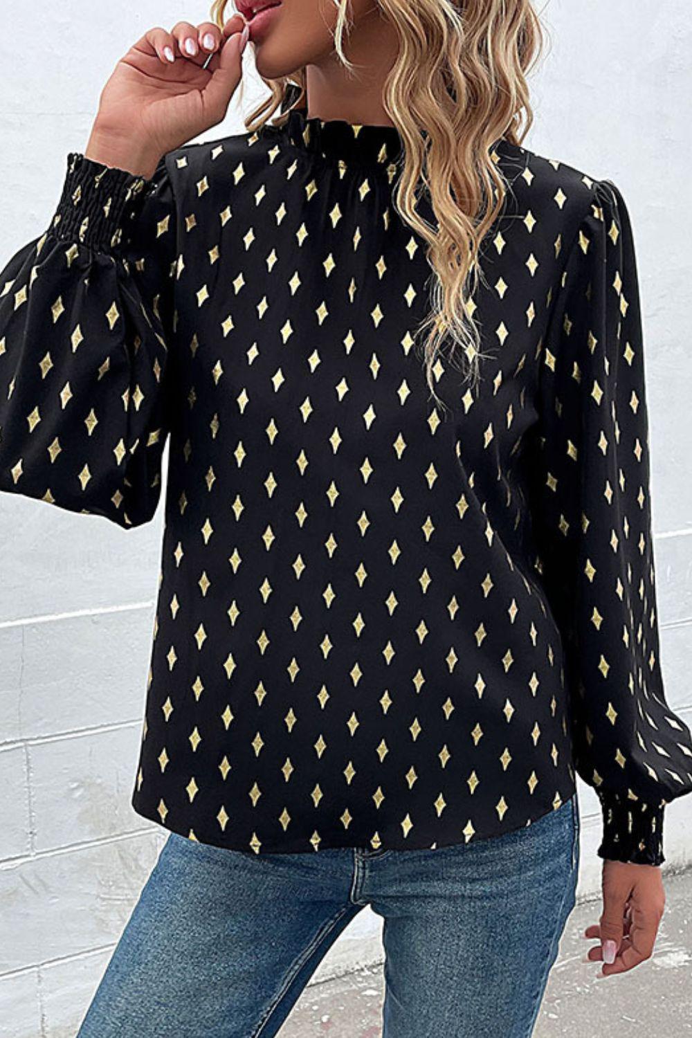 Geometric Print Frill Neck Lantern Sleeve Blouse BLUE ZONE PLANET