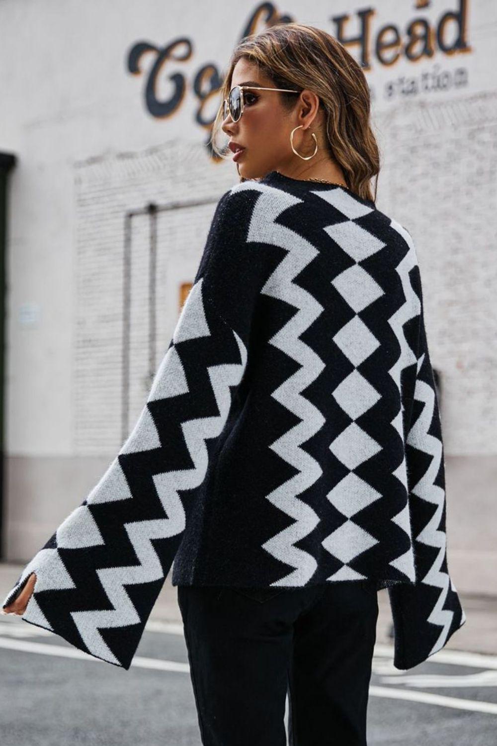 Geometric Slit Flare Sleeve Round Neck Sweater BLUE ZONE PLANET