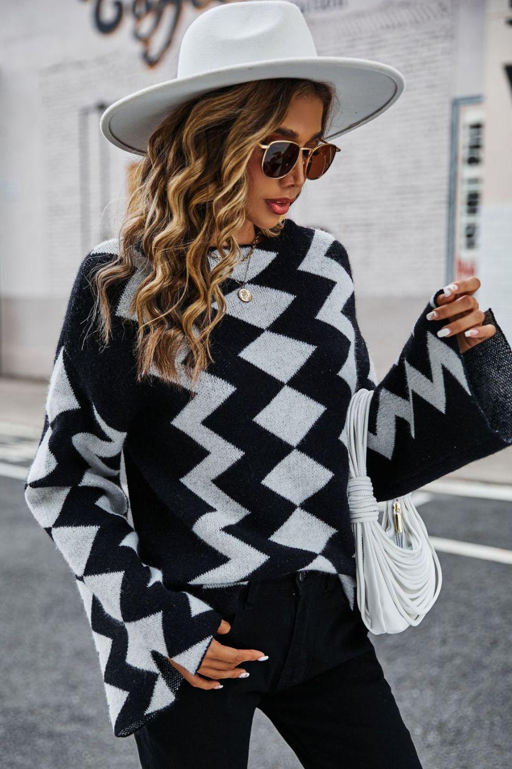 Geometric Slit Flare Sleeve Round Neck Sweater BLUE ZONE PLANET