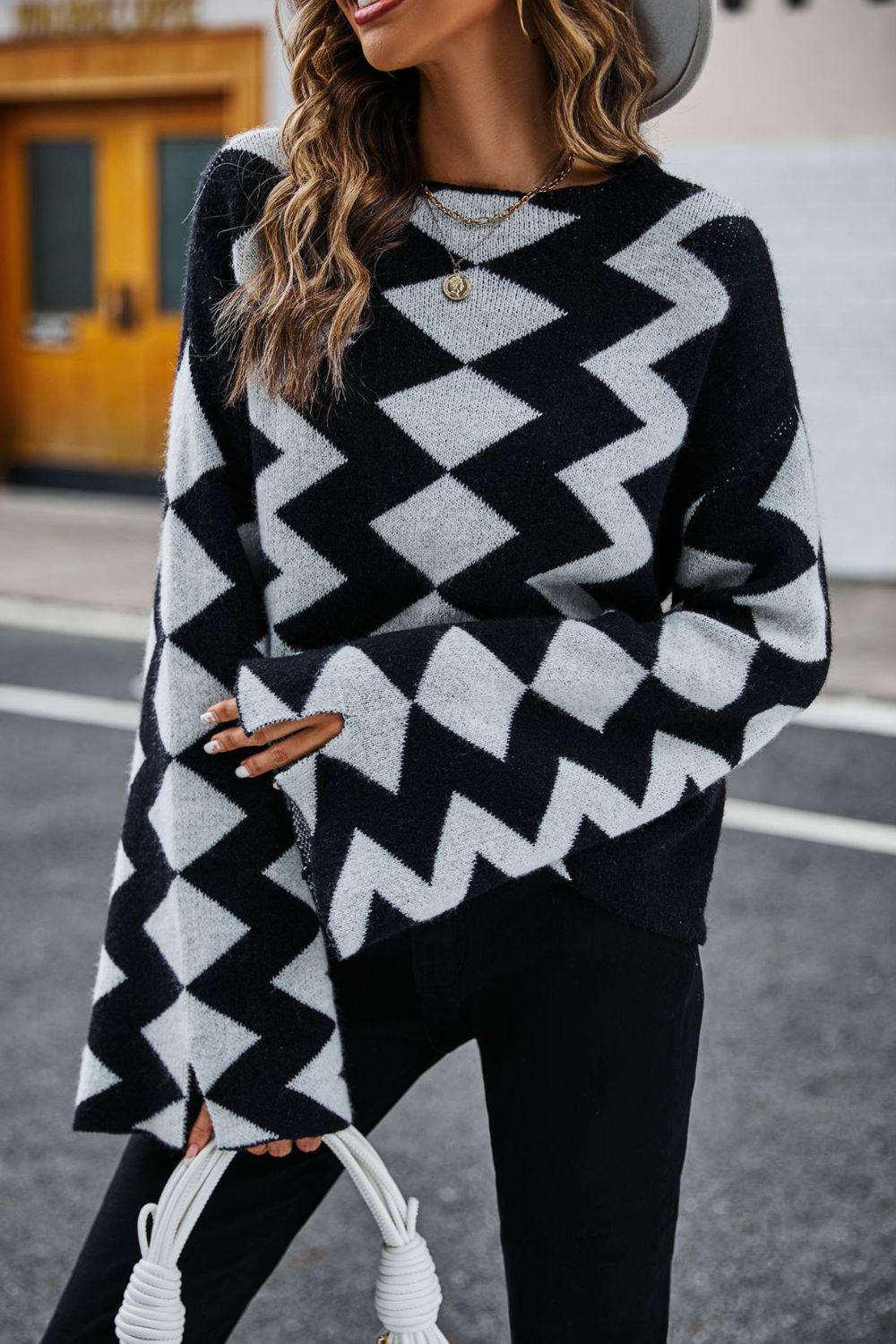 Geometric Slit Flare Sleeve Round Neck Sweater BLUE ZONE PLANET