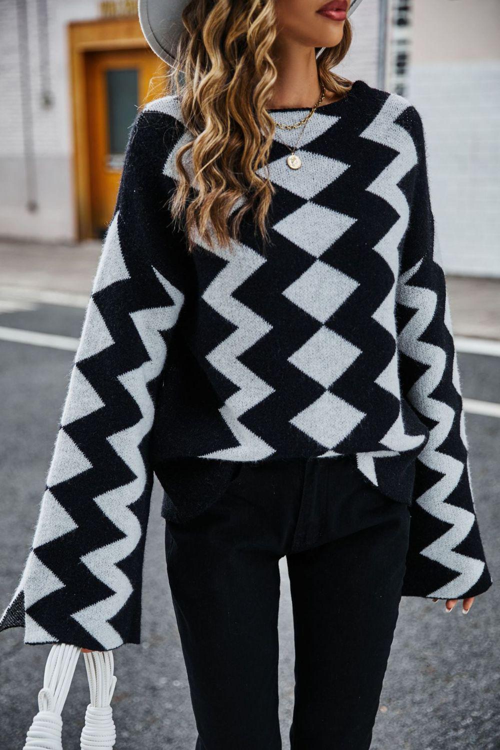 Geometric Slit Flare Sleeve Round Neck Sweater BLUE ZONE PLANET