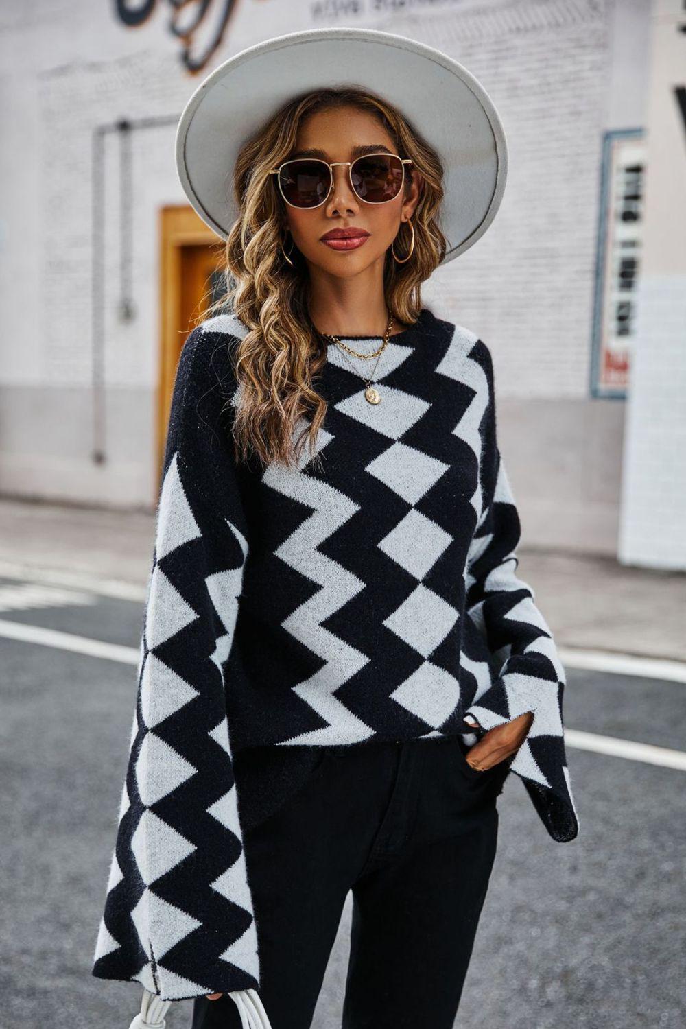 Geometric Slit Flare Sleeve Round Neck Sweater BLUE ZONE PLANET