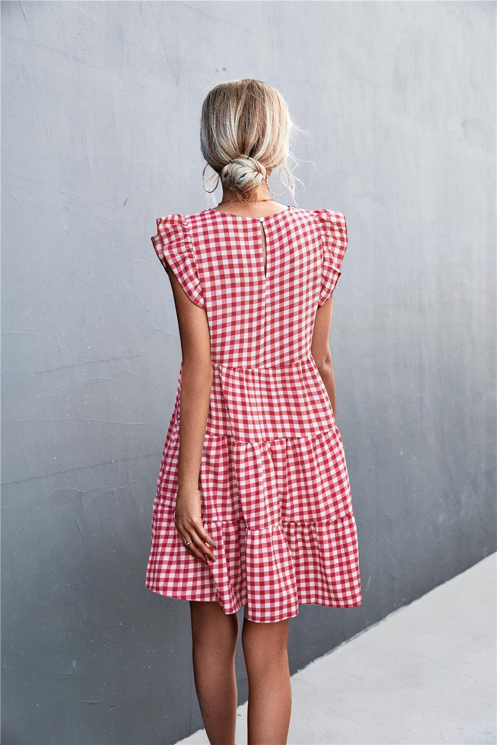 Gingham Ruffle Shoulder Tiered Dress BLUE ZONE PLANET