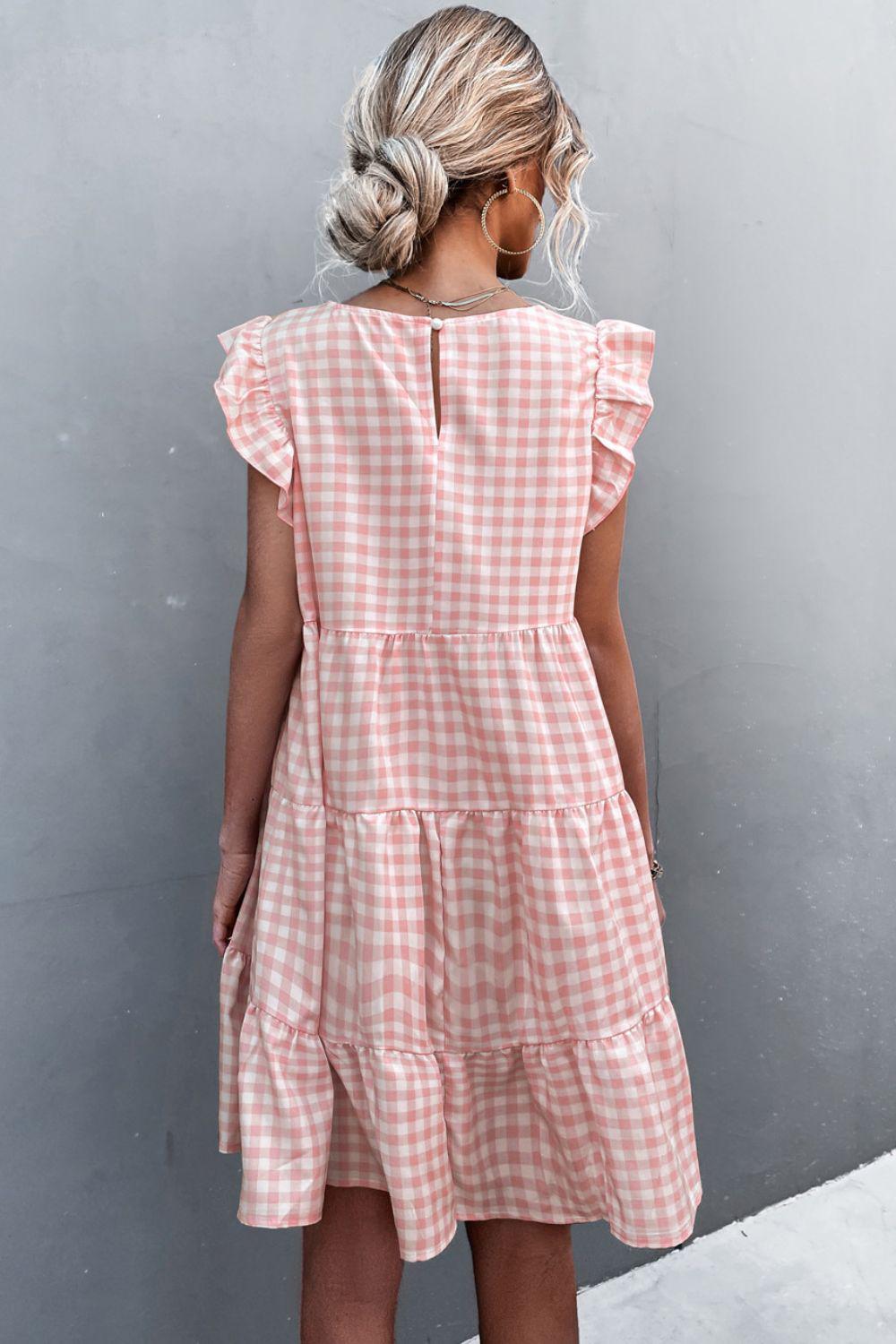 Gingham Ruffle Shoulder Tiered Dress BLUE ZONE PLANET