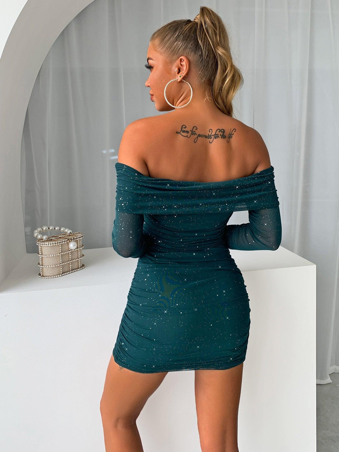 Glitter Mesh Off-Shoulder Ruched Mini Dress BLUE ZONE PLANET