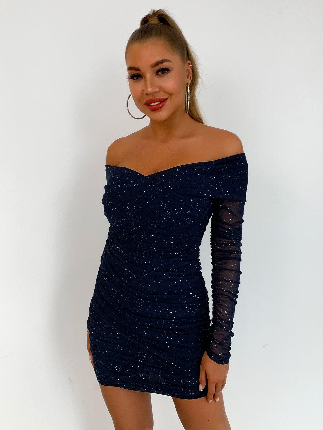 Glitter Off-Shoulder Ruched Bodycon Mini Dress BLUE ZONE PLANET