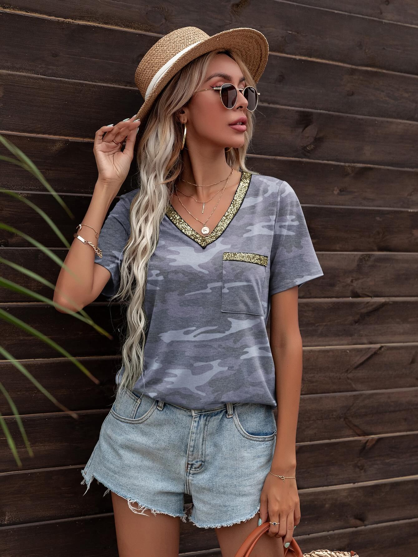 Glitter V-Neck Short Sleeve Tee Shirt BLUE ZONE PLANET