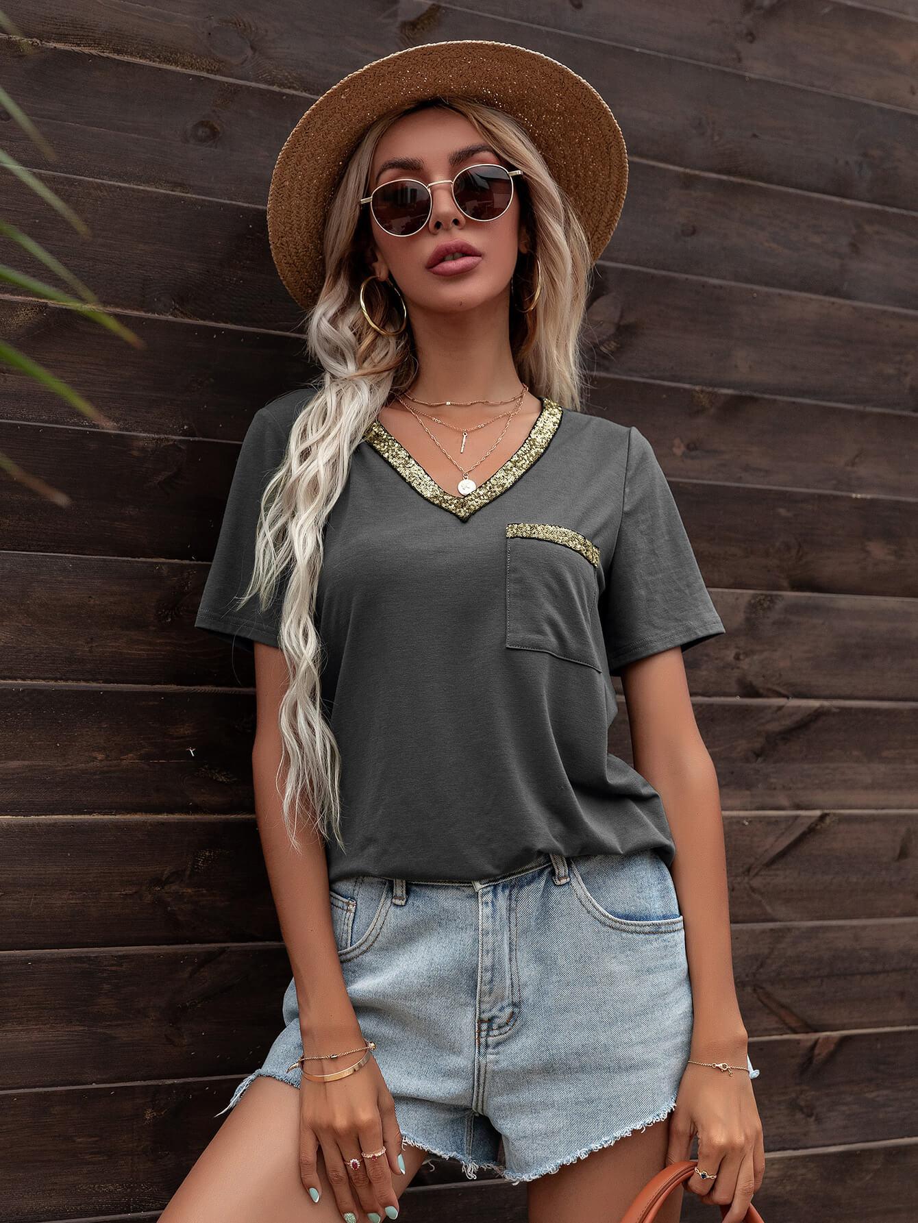 Glitter V-Neck Short Sleeve Tee Shirt BLUE ZONE PLANET
