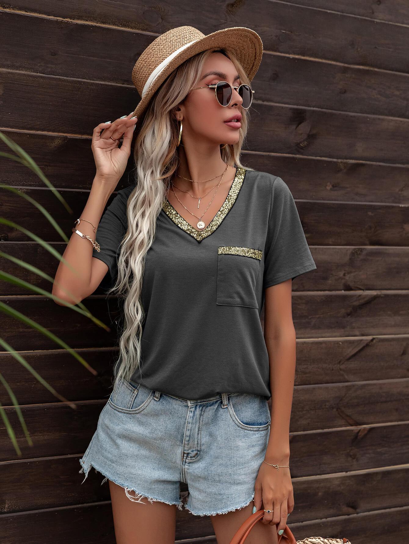 Glitter V-Neck Short Sleeve Tee Shirt BLUE ZONE PLANET