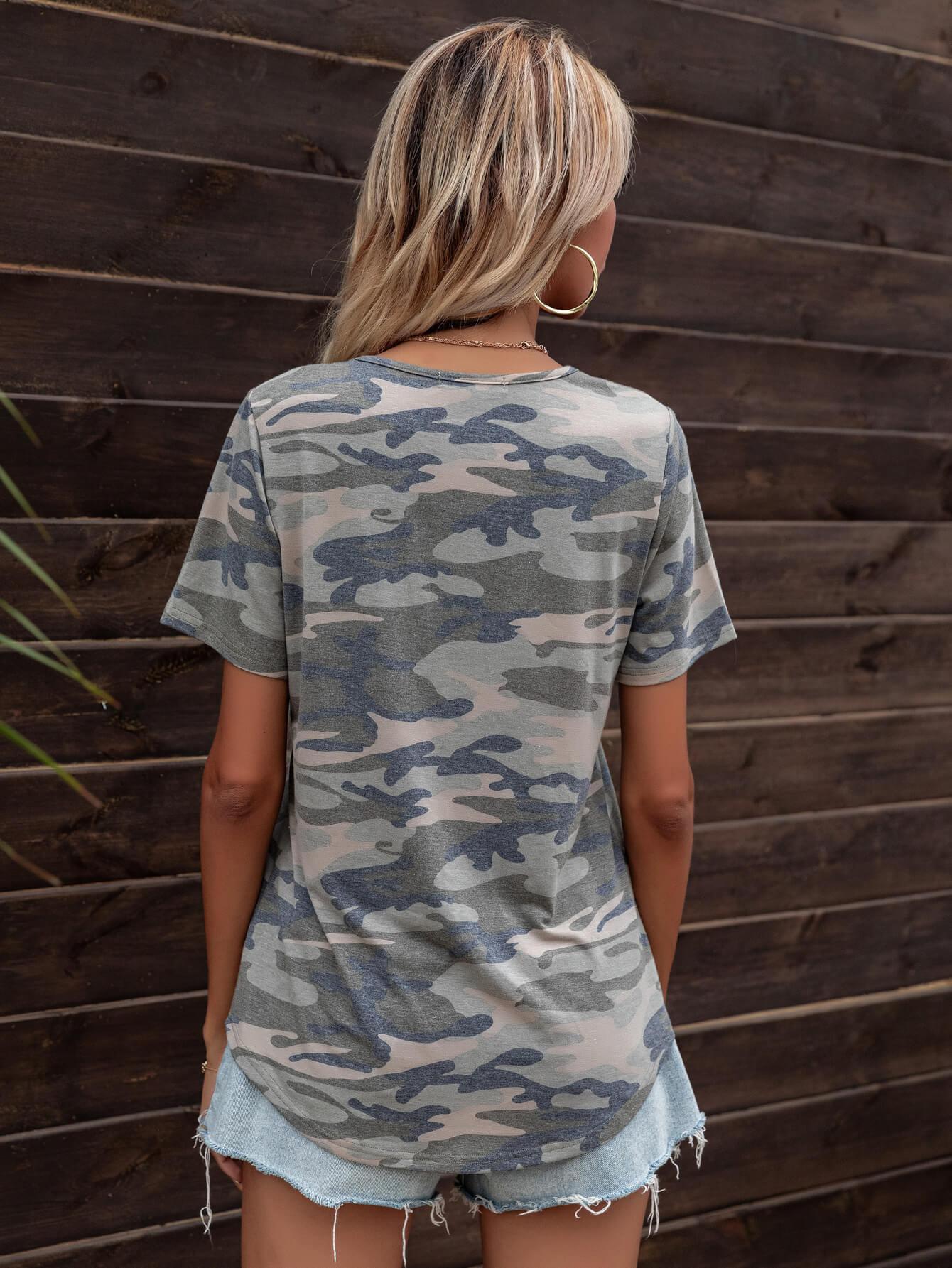 Glitter V-Neck Short Sleeve Tee Shirt BLUE ZONE PLANET