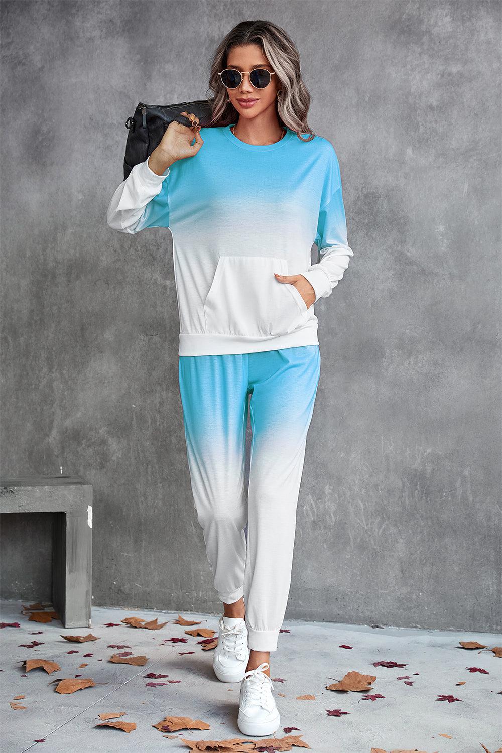 Gradient Round Neck Sweatshirt and Joggers Set BLUE ZONE PLANET