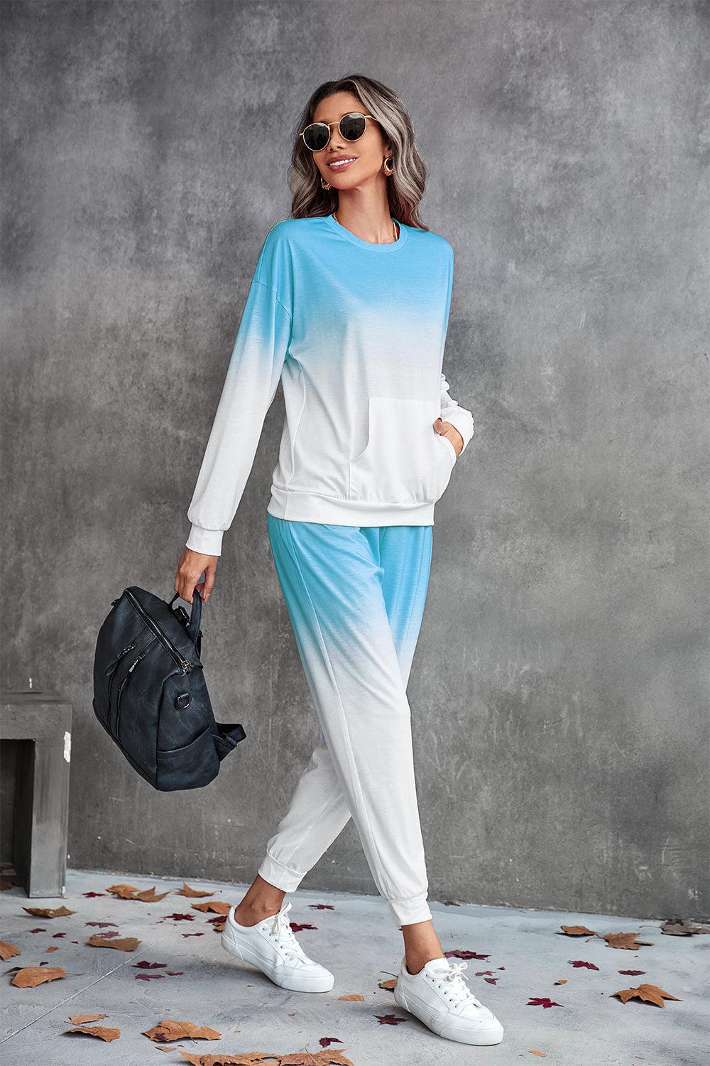 Gradient Round Neck Sweatshirt and Joggers Set BLUE ZONE PLANET