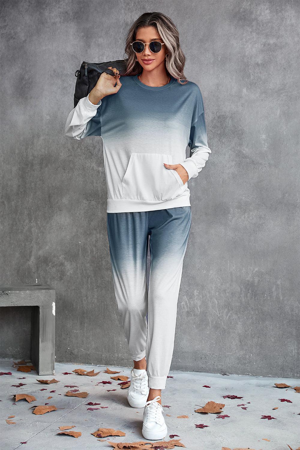 Gradient Round Neck Sweatshirt and Joggers Set BLUE ZONE PLANET