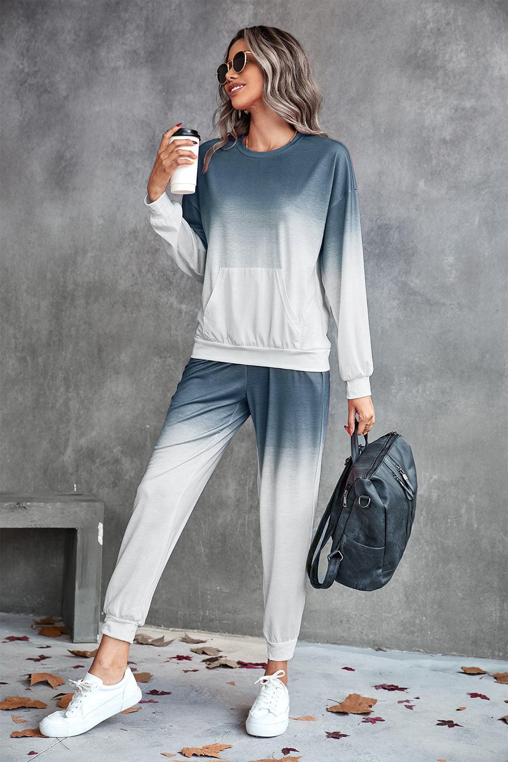 Gradient Round Neck Sweatshirt and Joggers Set BLUE ZONE PLANET