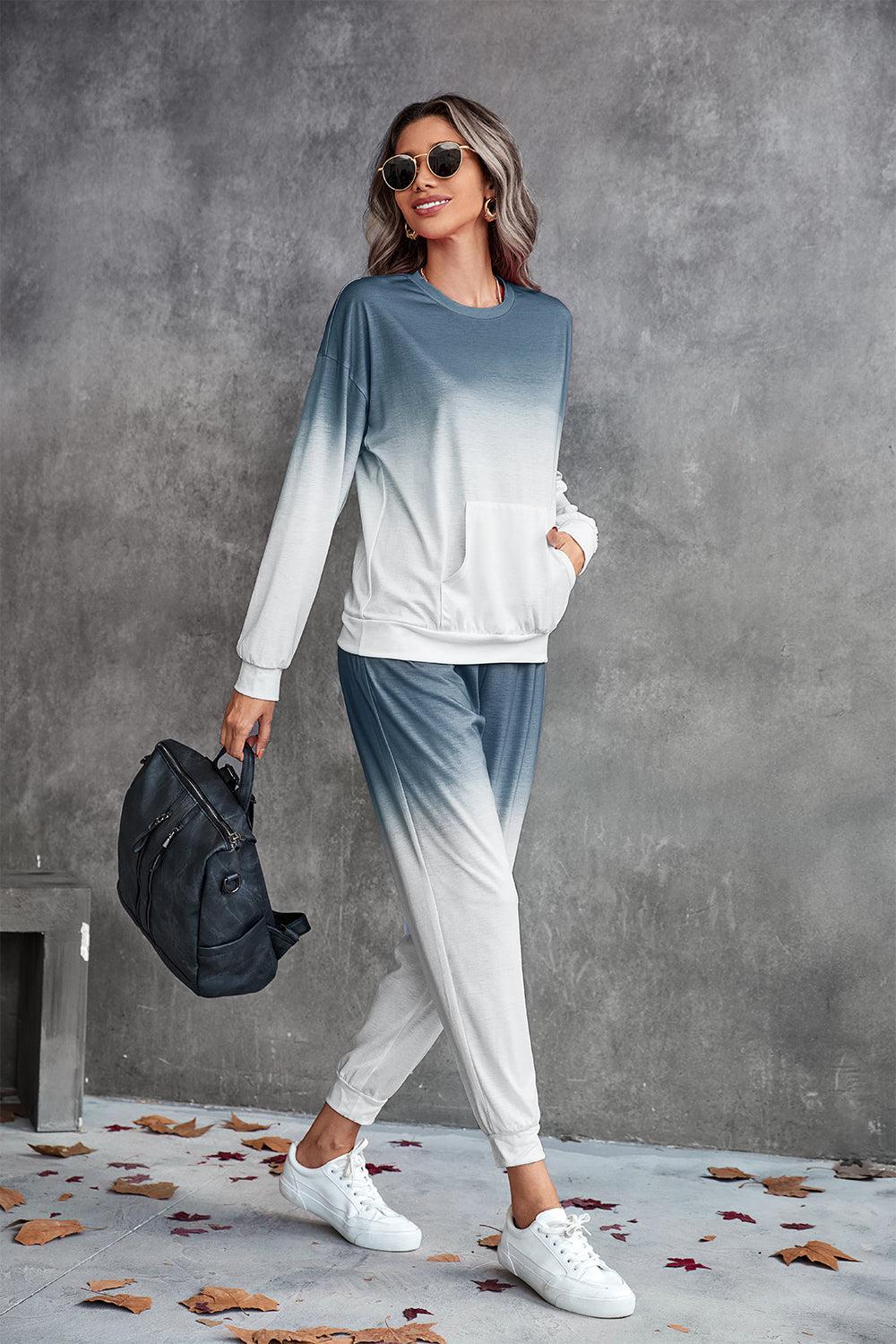 Gradient Round Neck Sweatshirt and Joggers Set BLUE ZONE PLANET