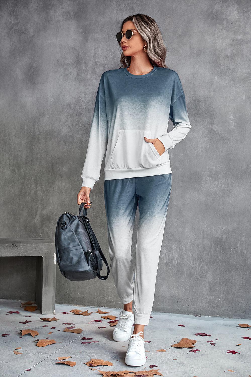 Gradient Round Neck Sweatshirt and Joggers Set BLUE ZONE PLANET