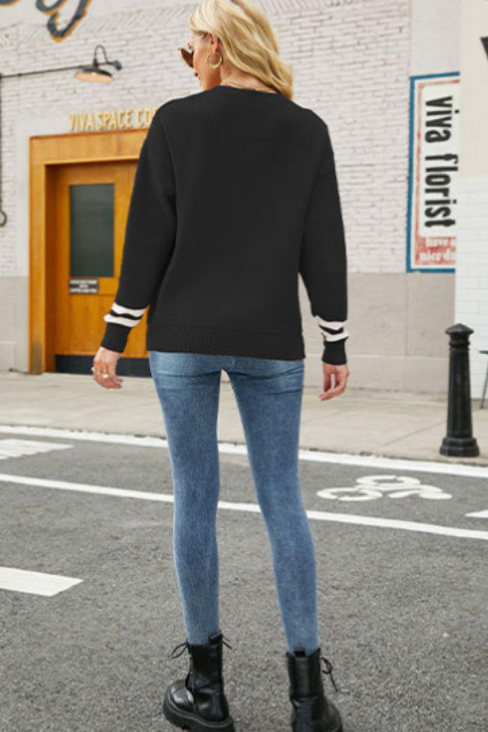 Graphic Round Neck Dropped Shoulder Sweater BLUE ZONE PLANET