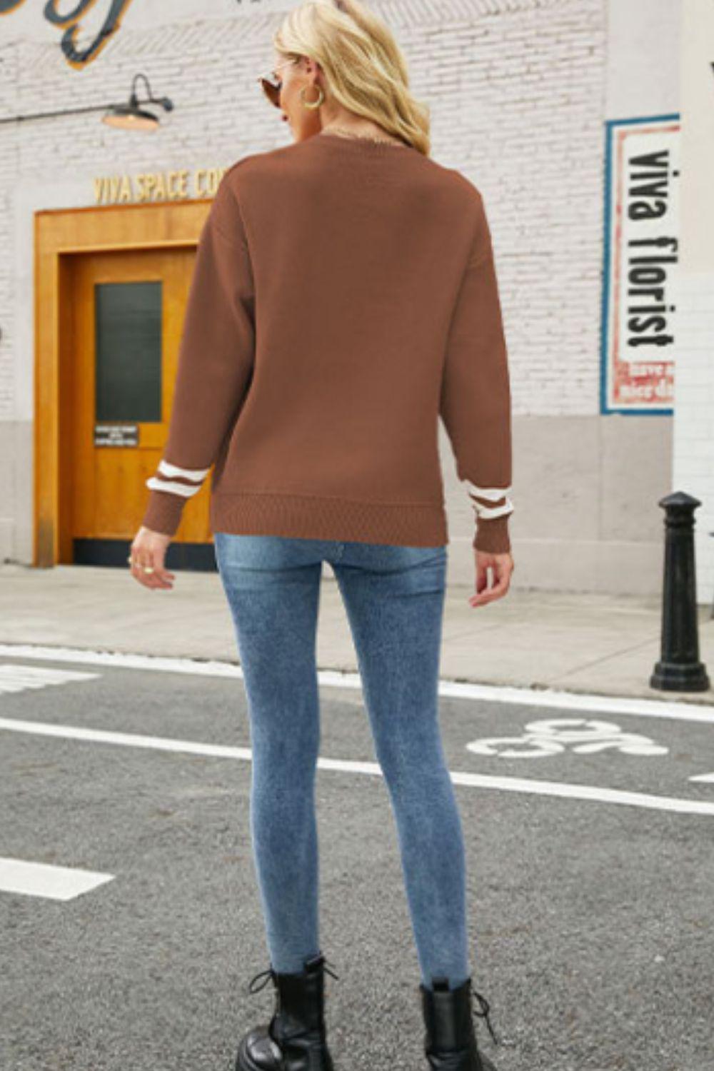 Graphic Round Neck Dropped Shoulder Sweater BLUE ZONE PLANET