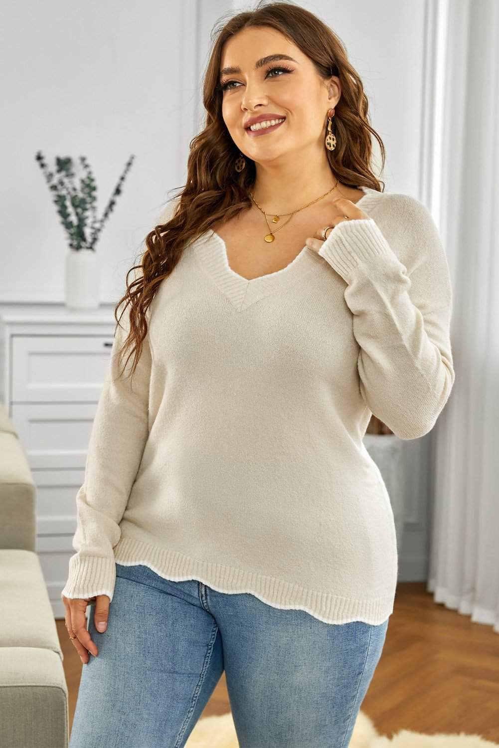 Gray Wavy V-neck Sweater BLUE ZONE PLANET