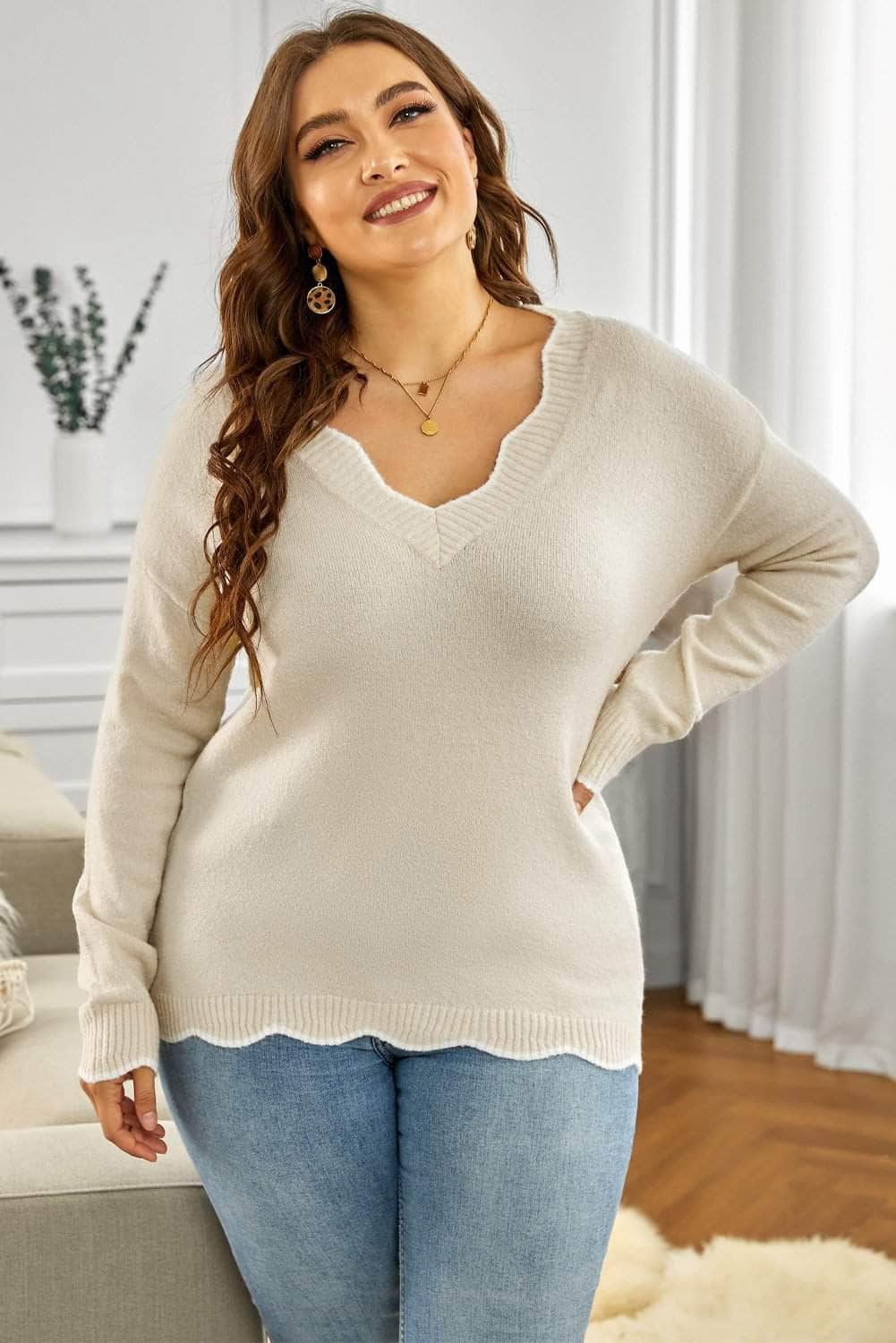 Gray Wavy V-neck Sweater BLUE ZONE PLANET