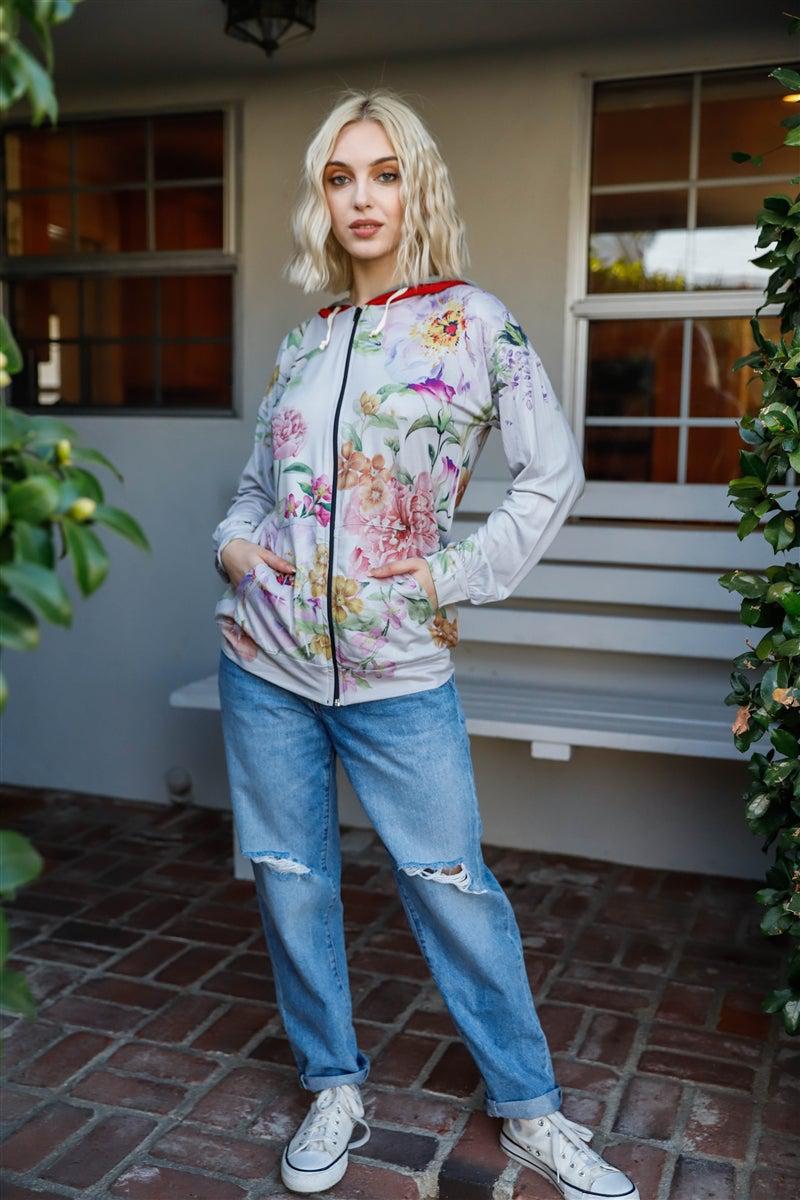 Grey Pink Flower Print Contrast Double Hood Sweater Blue Zone Planet