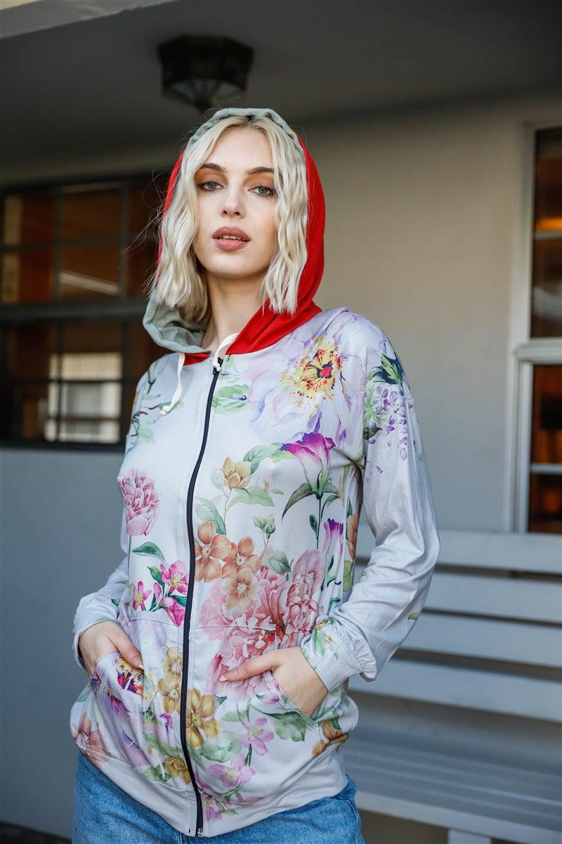 Grey Pink Flower Print Contrast Double Hood Sweater Blue Zone Planet