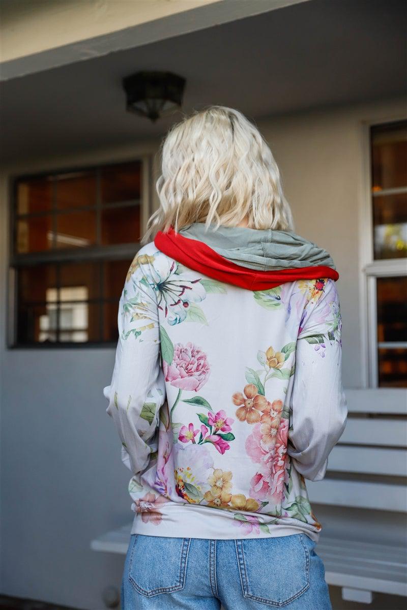 Grey Pink Flower Print Contrast Double Hood Sweater Blue Zone Planet