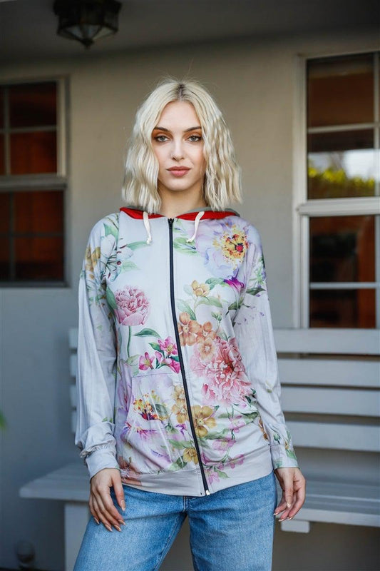 Grey Pink Flower Print Contrast Double Hood Sweater Blue Zone Planet