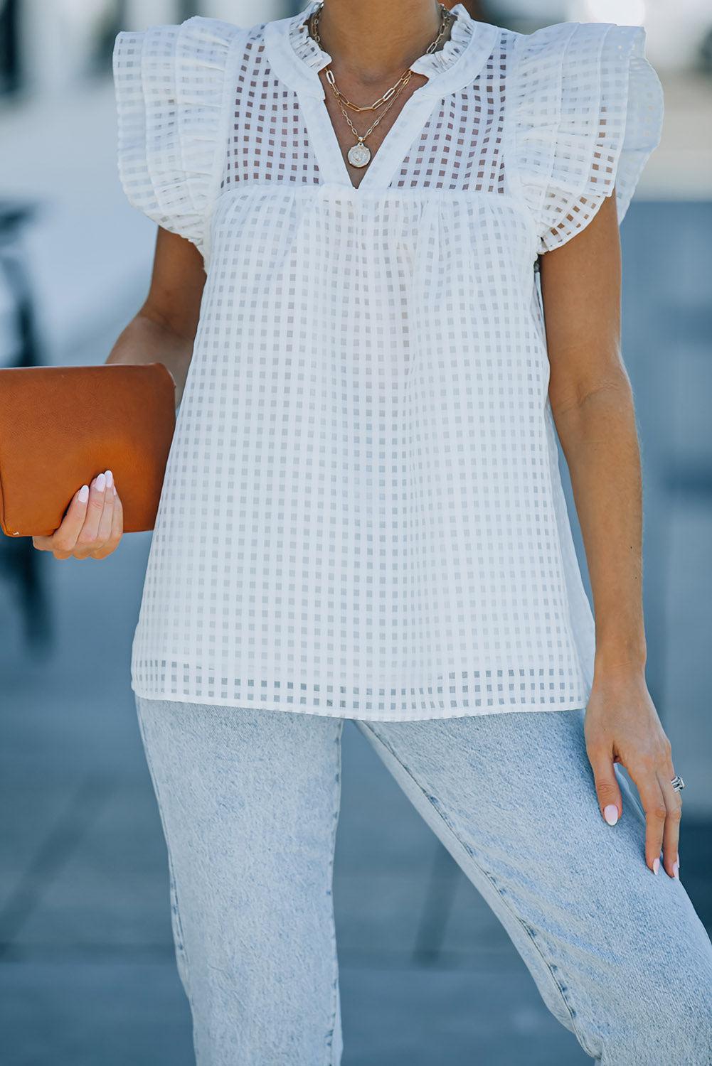 Grid V-Neck Ruffle Shoulder Frill Trim Top BLUE ZONE PLANET