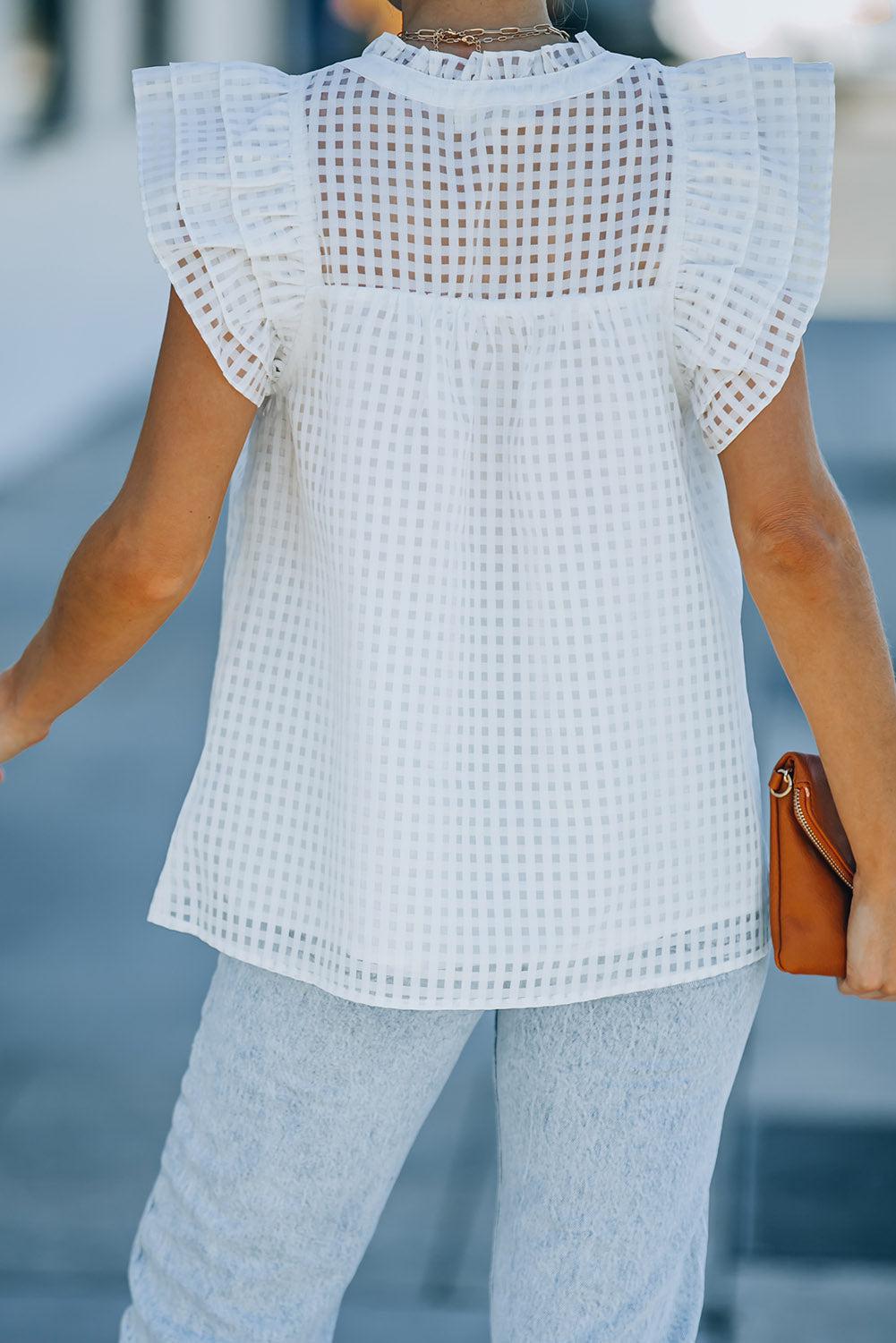 Grid V-Neck Ruffle Shoulder Frill Trim Top BLUE ZONE PLANET