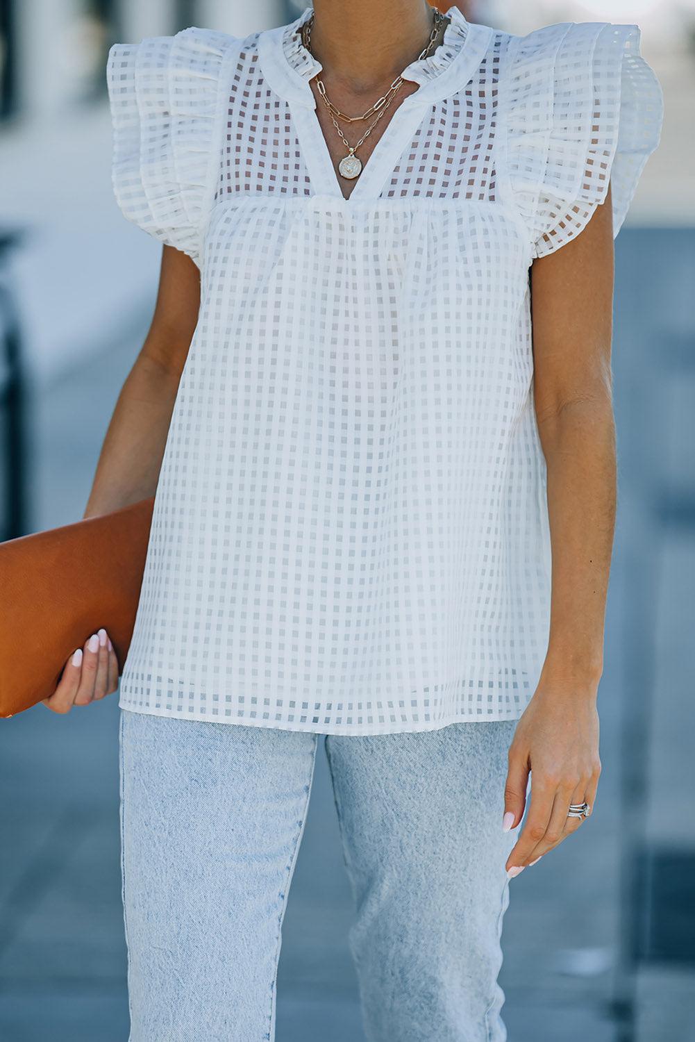 Grid V-Neck Ruffle Shoulder Frill Trim Top BLUE ZONE PLANET