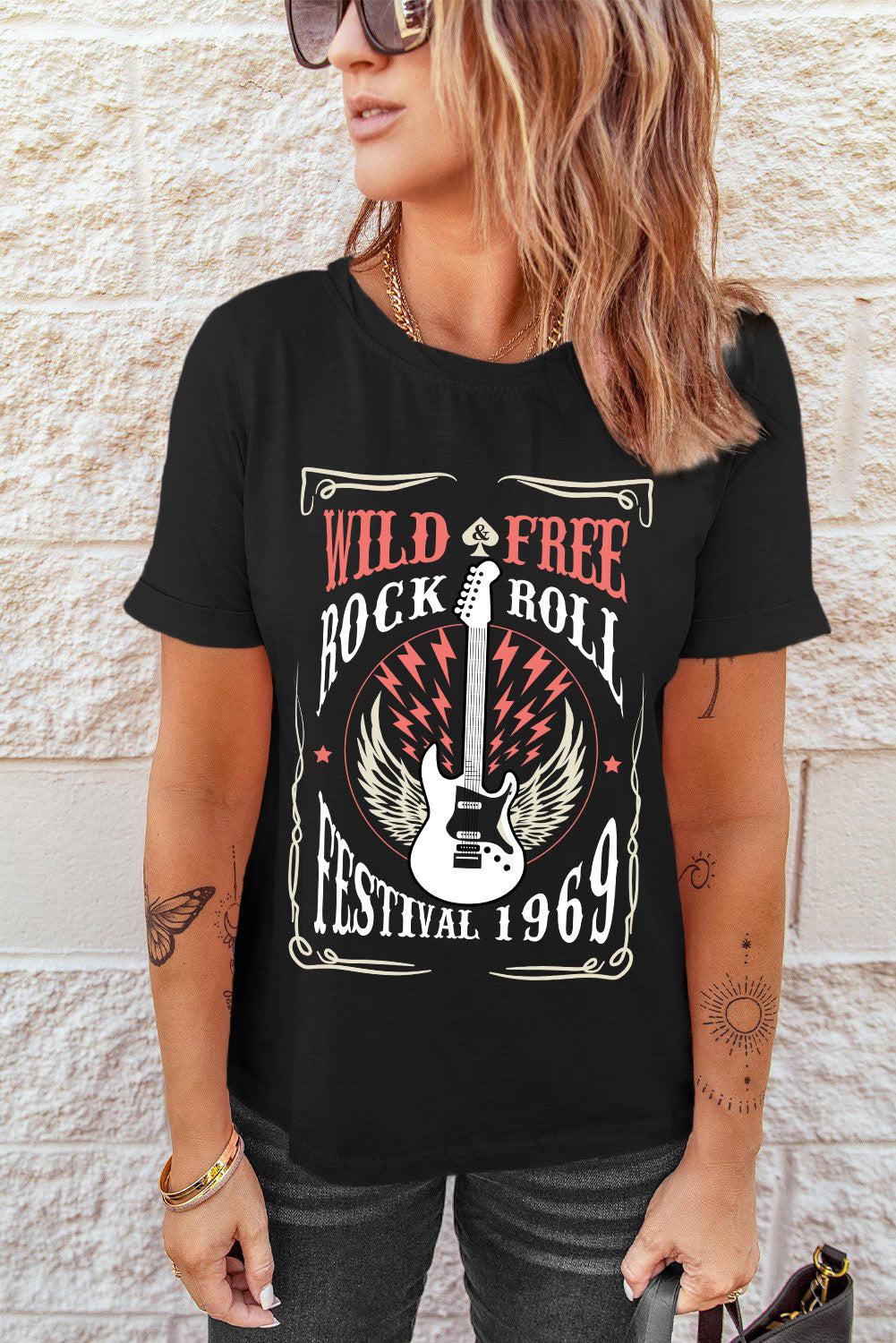 Guitar Graphic Cuffed T-Shirt BLUE ZONE PLANET