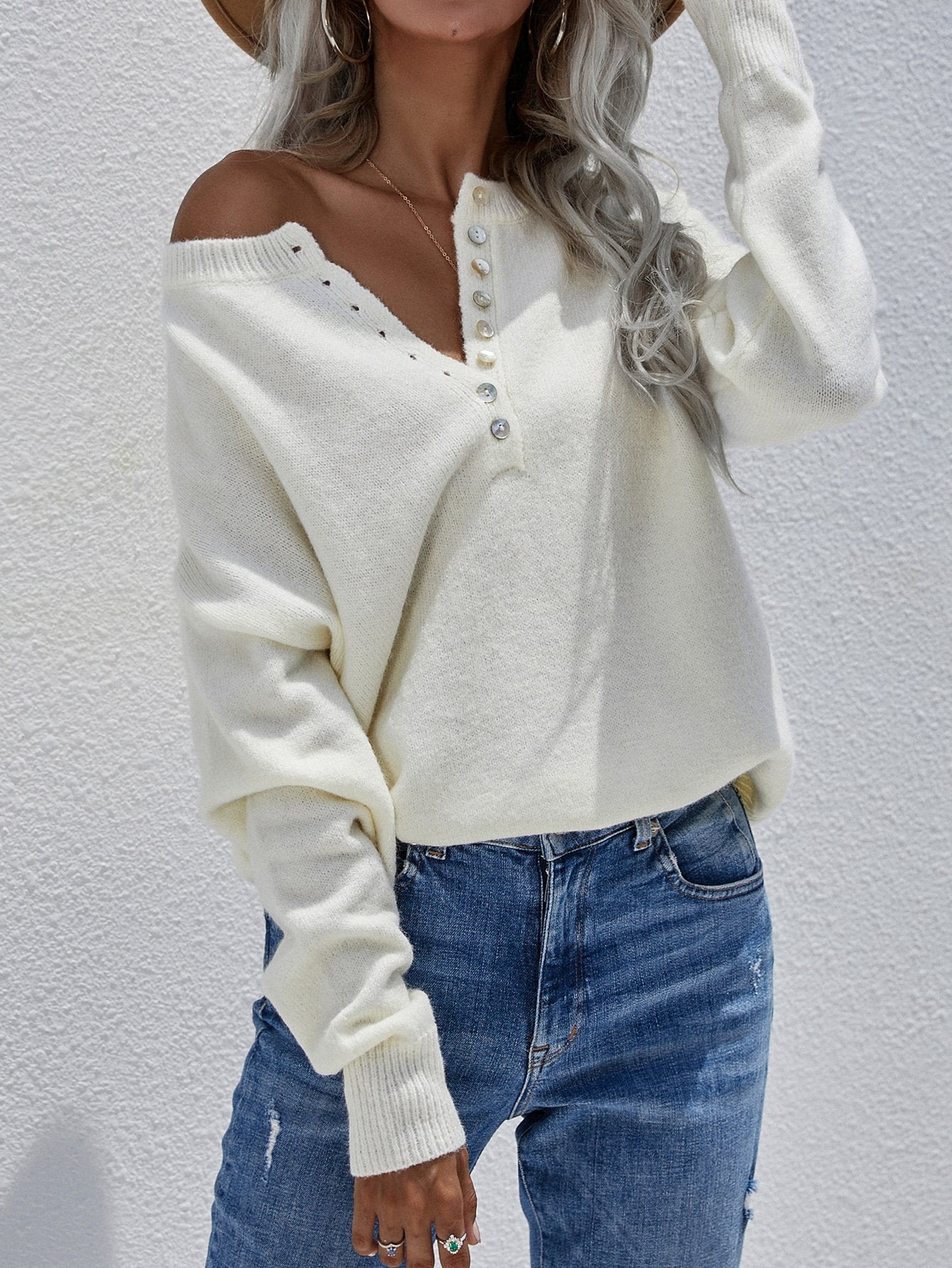 Half Button Long Sleeve Henley Sweater BLUE ZONE PLANET