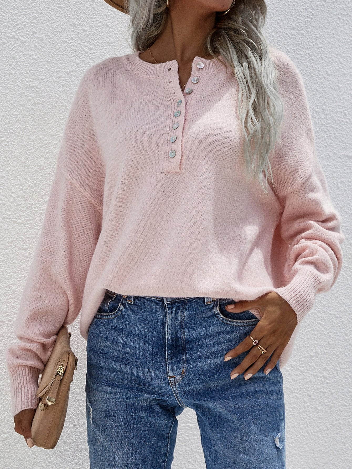 Half Button Long Sleeve Henley Sweater BLUE ZONE PLANET