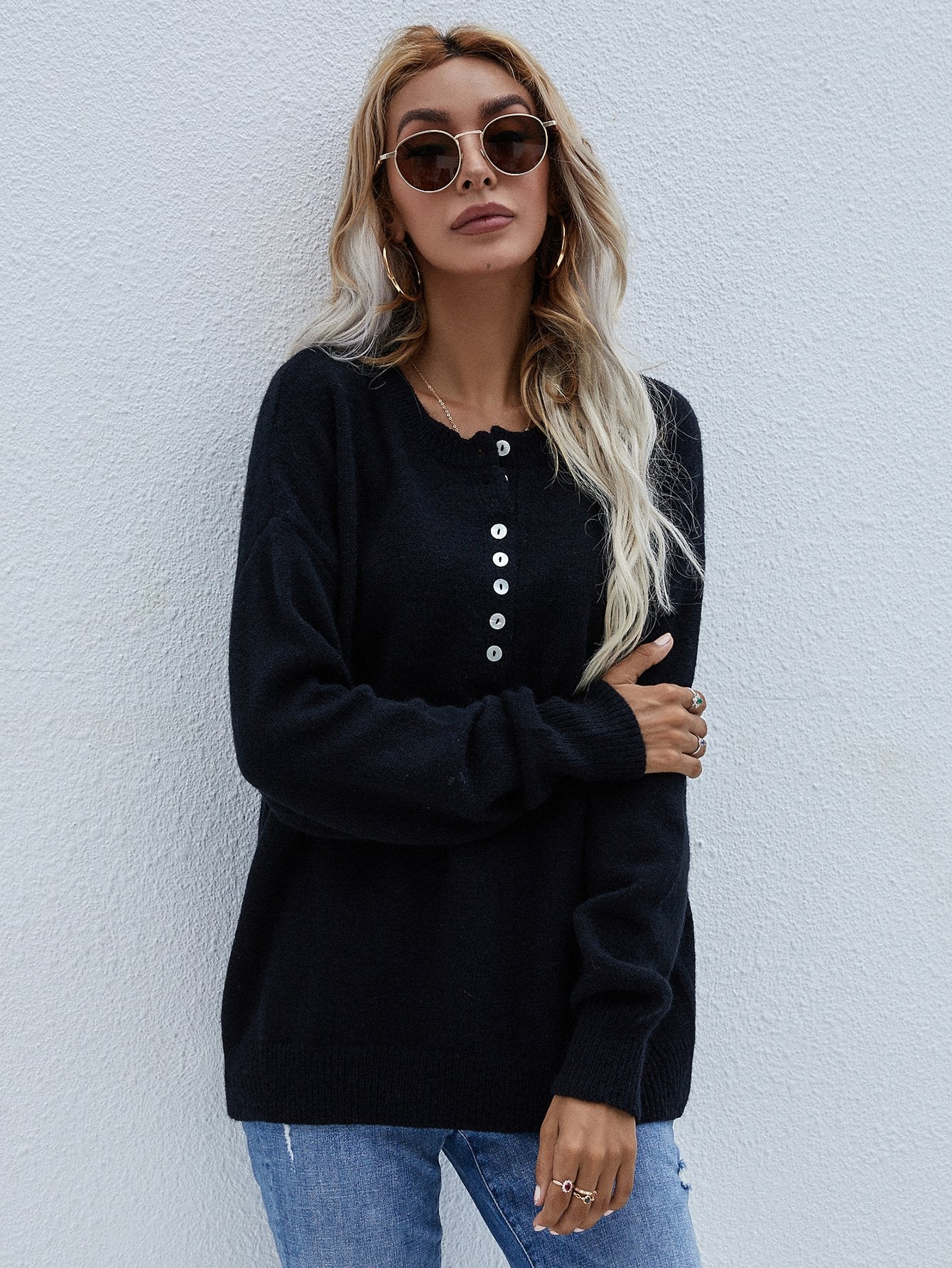Half Button Long Sleeve Henley Sweater BLUE ZONE PLANET