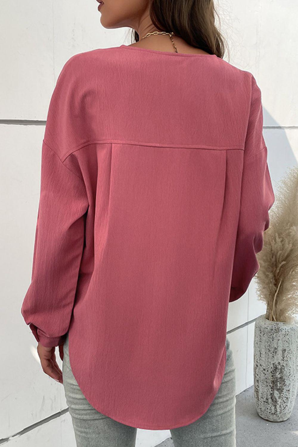 Half Button Pleated Detail Side Slit Blouse BLUE ZONE PLANET