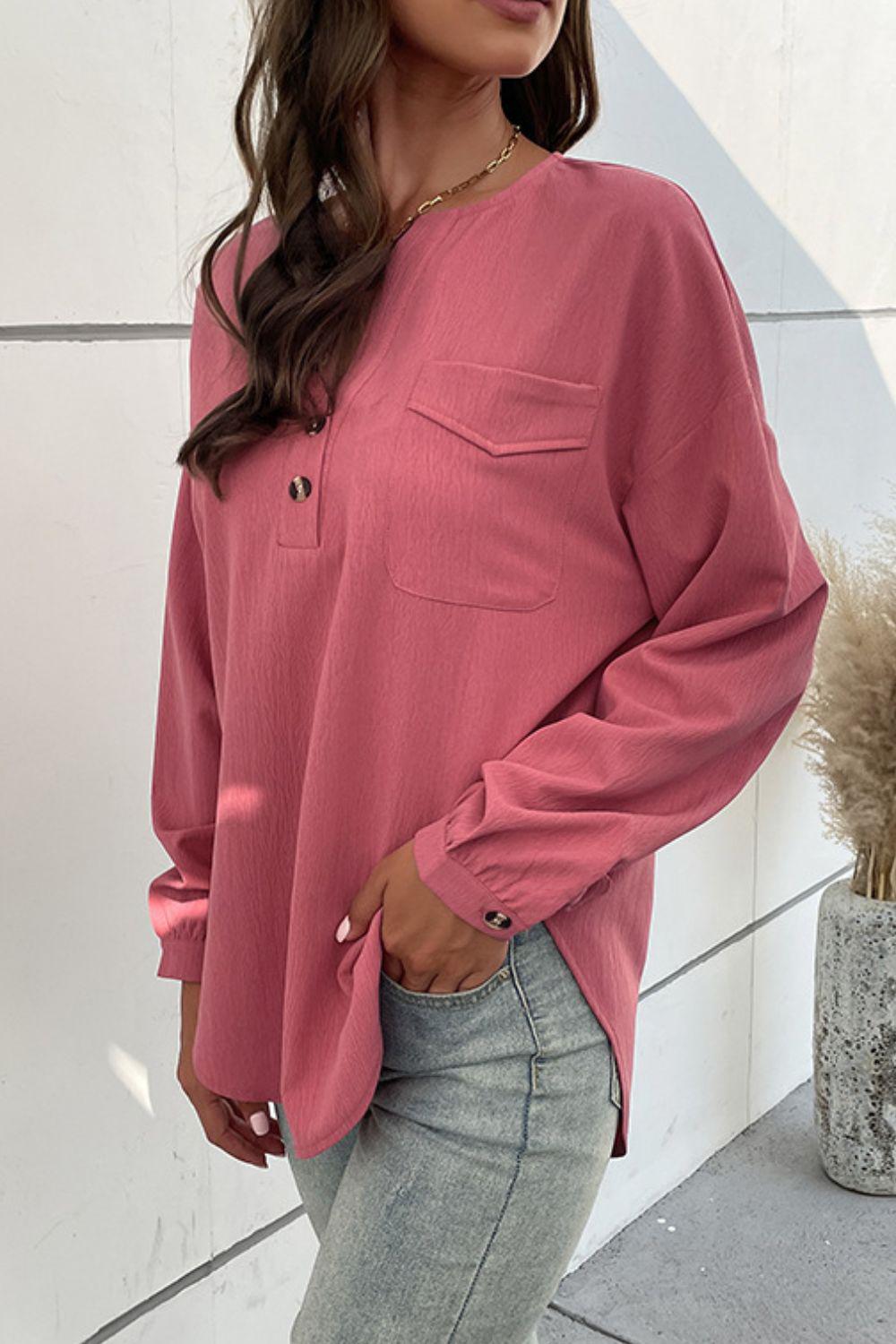 Half Button Pleated Detail Side Slit Blouse BLUE ZONE PLANET