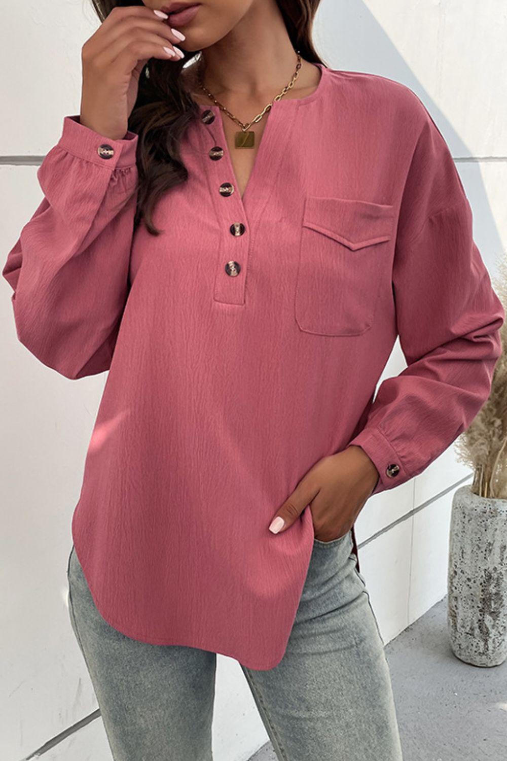 Half Button Pleated Detail Side Slit Blouse BLUE ZONE PLANET