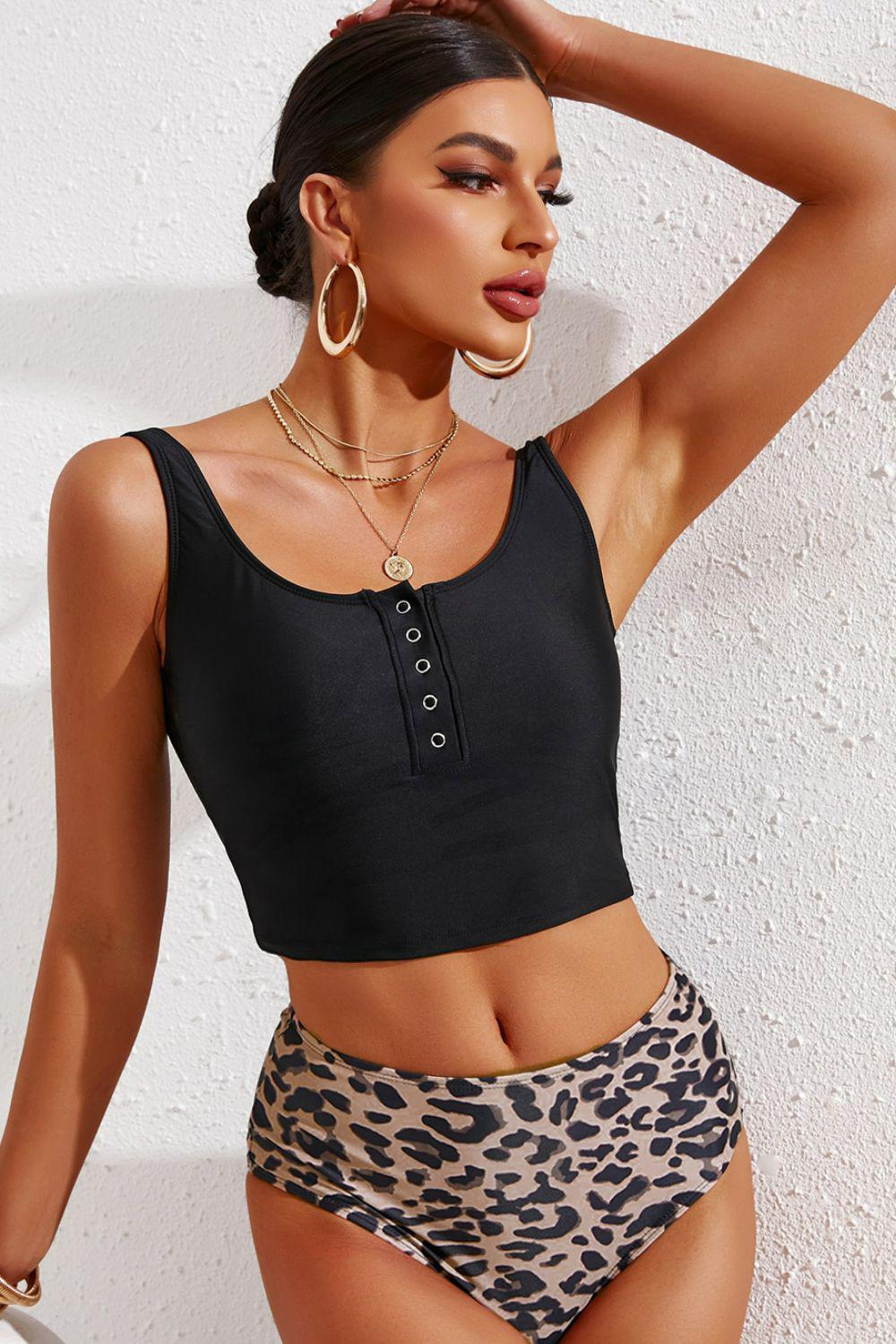 Half Snap Square Neck Tankini Set BLUE ZONE PLANET