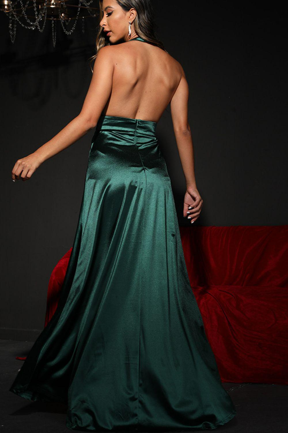 Halter Neck Backless Empire Waist Split Dress BLUE ZONE PLANET