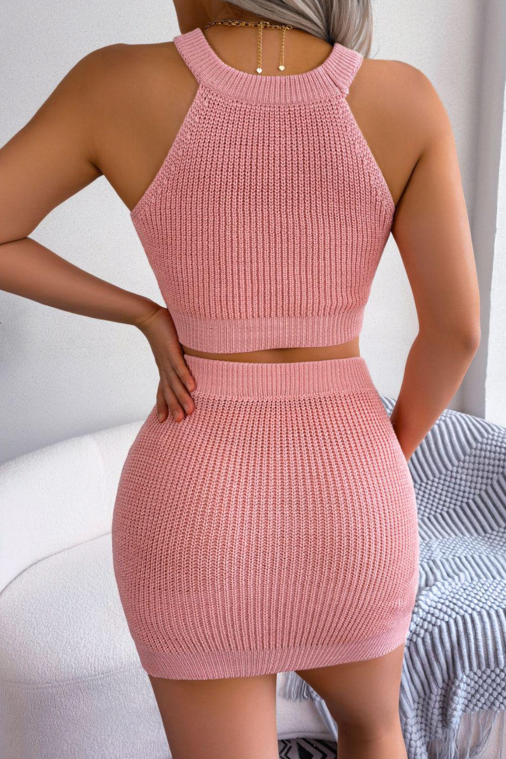 Heart Contrast Ribbed Sleeveless Knit Top and Skirt Set BLUE ZONE PLANET