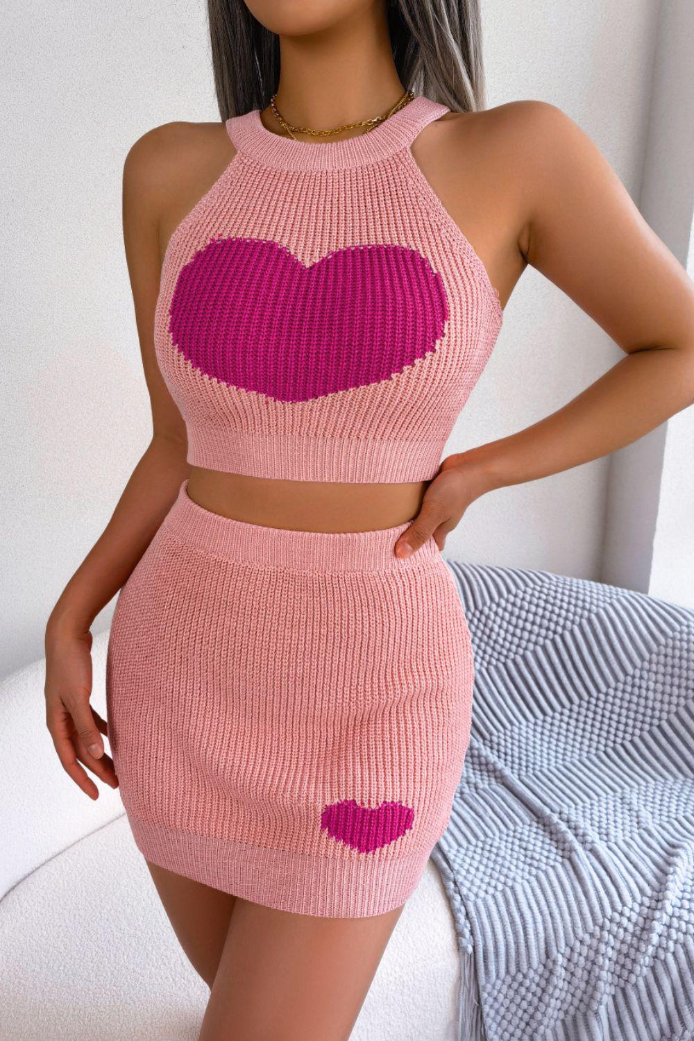 Heart Contrast Ribbed Sleeveless Knit Top and Skirt Set BLUE ZONE PLANET