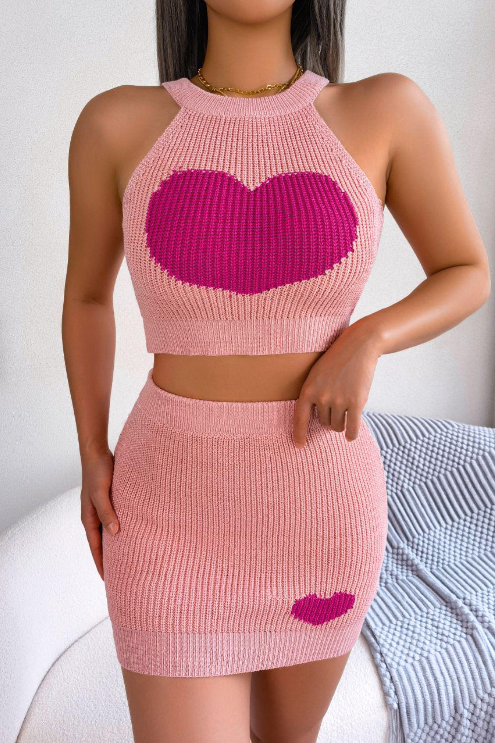 Heart Contrast Ribbed Sleeveless Knit Top and Skirt Set BLUE ZONE PLANET