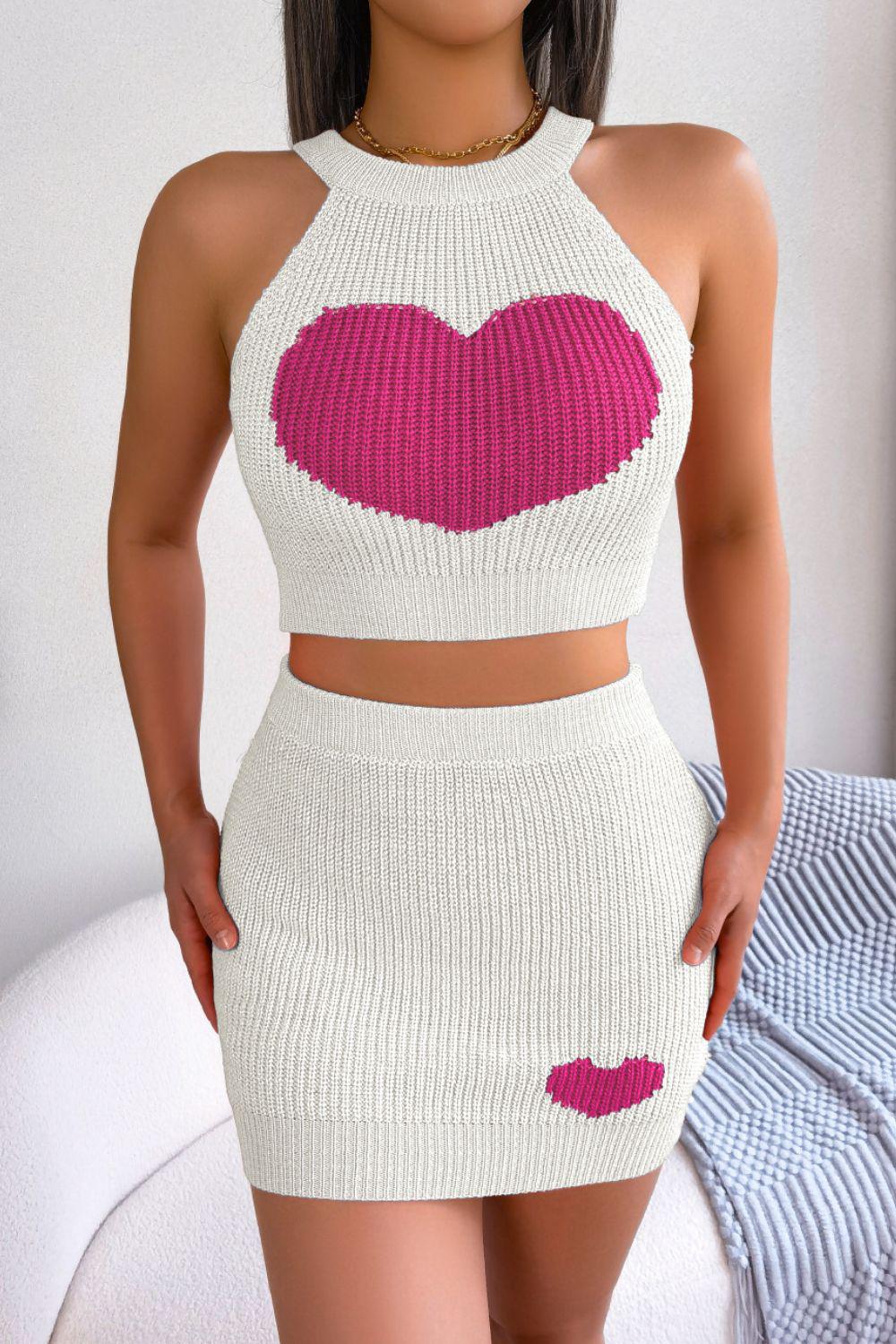 Heart Contrast Ribbed Sleeveless Knit Top and Skirt Set BLUE ZONE PLANET