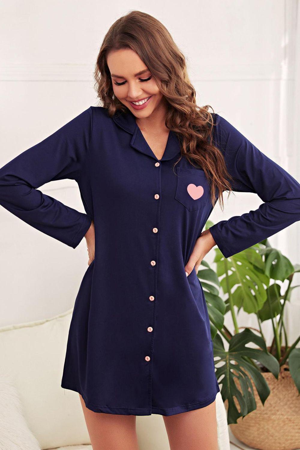 Heart Graphic Lapel Collar Night Shirt Dress BLUE ZONE PLANET