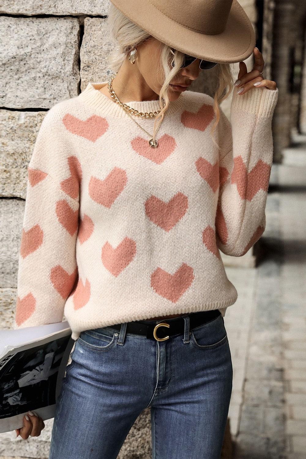 Heart Pattern Dropped Shoulder Sweater BLUE ZONE PLANET