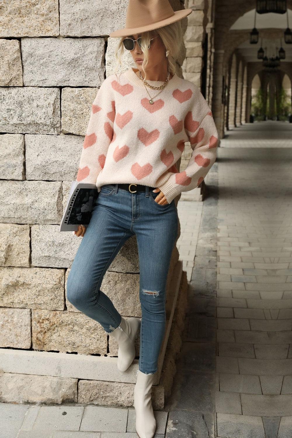 Heart Pattern Dropped Shoulder Sweater BLUE ZONE PLANET