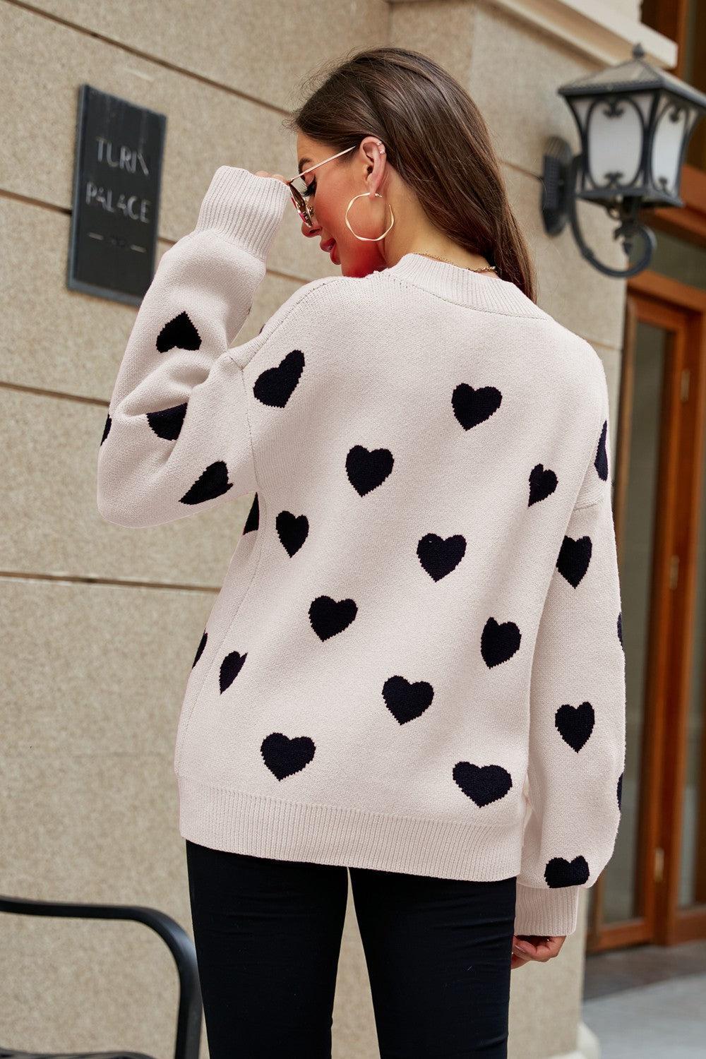 Heart Pattern Lantern Sleeve Round Neck Tunic Sweater BLUE ZONE PLANET